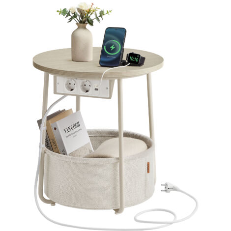 Vasagle – Table basse ronde 45x50cm – Panier en tissu – Panneau d’aggloméré et acier – Style moderne beige naturel et blanc crème