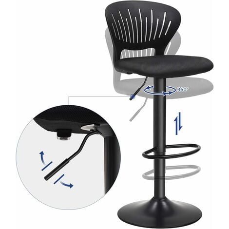 Lot de 2 tabourets de bar SONGMICS - Hauteur réglable - Assise rembourrée - Dossier en Forme de Couronne - Tissu Respirant - Pivotant - Pour Cuisine, Bar - Noir