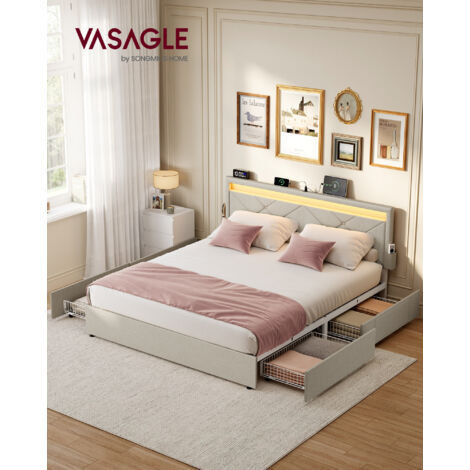 Vasagle – Lit double 140 x 190 cm en métal avec 4 tiroirs – Tête de lit rembourrée ajustable – Éclairage LED contrôlable par télécommande – Charge jusqu'à 500 kg