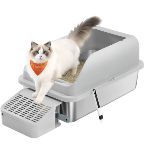 Bac à Litière pour Chat, en Acier Inoxydable, à Bords Hauts, Dessus Ouvert, Marche, Pelle, Brosse, pour Chats jusqu’à 15 kg, Gris Tourterelle
