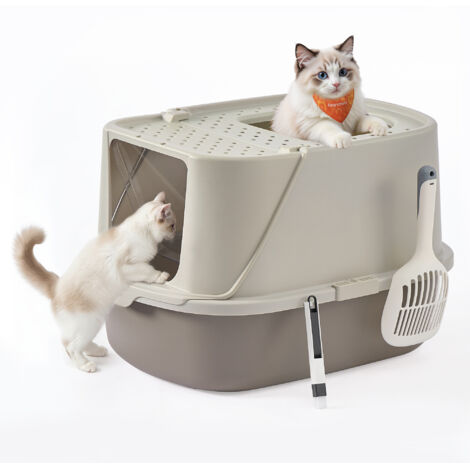 Grand Bac à Litière pour Chat, Taille XXL, Litière pour Chat avec Couvercle Basculant, avec Pelle et Brosse, pour Chats Jusqu’à 15 kg, Avoine et Gris Chaud