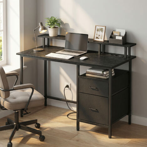 Bureau de Travail, Support d’Écran, Tiroirs en Tissu, Station de Charge, 120 x 60 cm, Noir