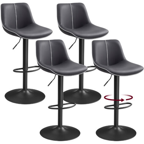 Lot de 4 Tabourets de Bar, Pivotants, Réglables en Hauteur, Dossier Ergonomique, PU, Base Métallique, Modernes, pour Îlot de Cuisine, Bar, Noir d'Encre