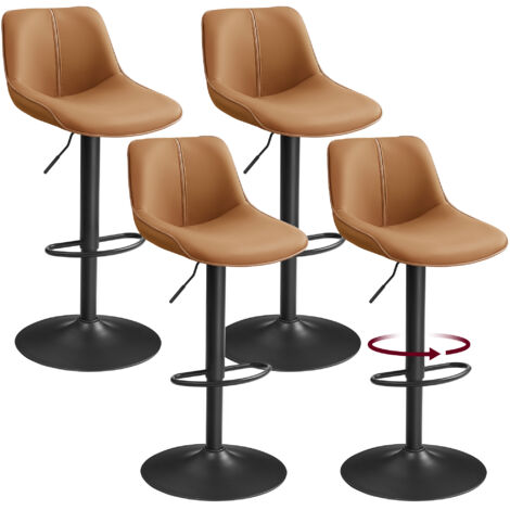 Lot de 4 Tabourets de Bar, Pivotants, Réglables en Hauteur, Dossier Ergonomique, PU, Base Métallique, Modernes, pour Îlot de Cuisine, Bar, Marron Caramel