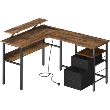 Bureau en L avec Multiprise, Bureau d’Angle, Rehausseur d’Écran, LED, 2 Tiroirs, 2 Ports USB, Marron