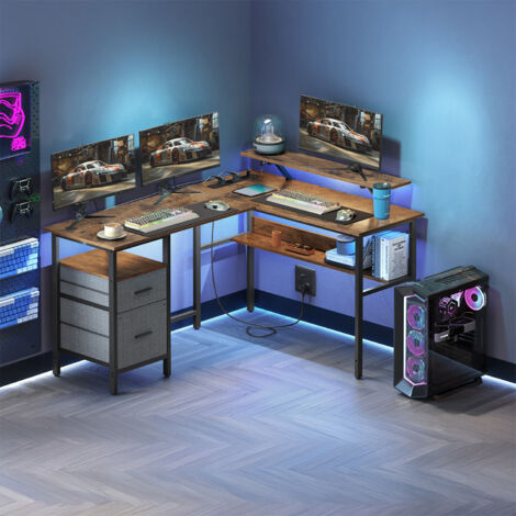 Bureau D Angle Seventable Bureau D'ordinateur En Forme De L Avec Tiroirs, Bureau D'angle Avec Prises De Courant Bureau Blanc Avec Rangement