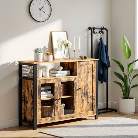 Armoire de Cuisine, 33 x 110 x 75 cm, Meuble de Rangement, avec 3 Portes, pour Salon, Cuisine, Salle à Manger, Marron et Noir (1/5)