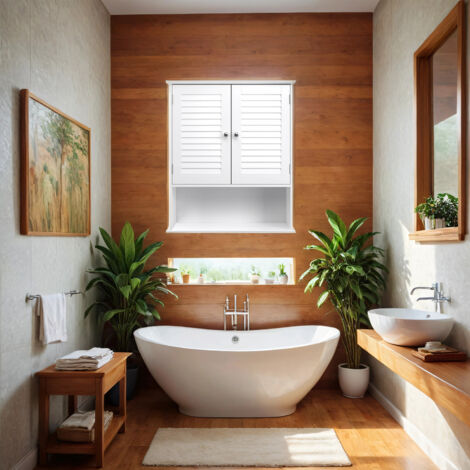 Meuble Mural, pour Salle de Bains, avec Étagère Réglable, Double Porte et Étagère Ouverte, 20 x 60 x 70 cm, Blanc