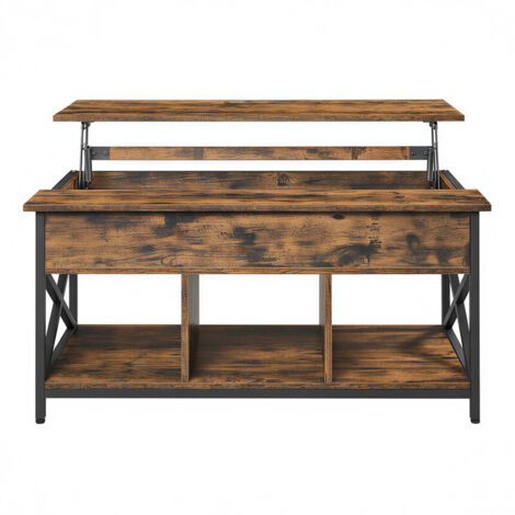 Table Basse, Plateau Réglable en Hauteur, Spacieuse, Table de Salon, 60 x 100 x (48-62) cm, Marron Rustique et Noir