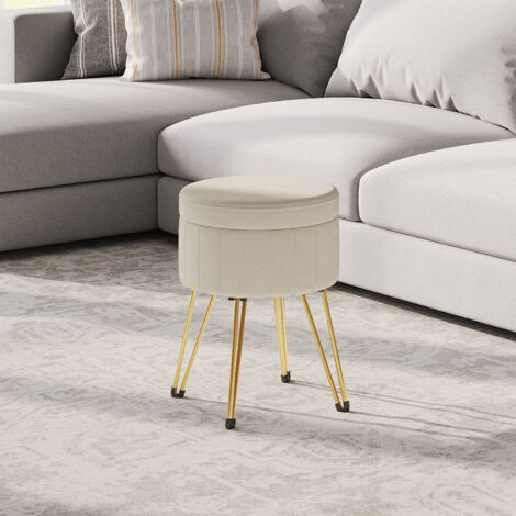 Tabouret de rangement, tabouret rond, tabouret en velours pour maquillage, 39 cm de diamètre, 44,4 cm de hauteur, 4 pieds en métal, blanc (1/5)