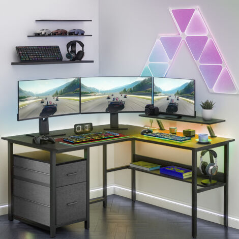 Bureau en L avec Multiprise, avec Rehausseur d’Écran, Bureau Gaming LED, 2 Tiroirs, 2 Ports USB, Facile à Monter, pour Bureau, Noir