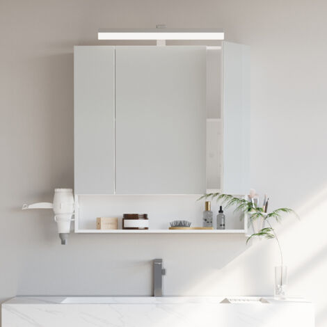 Vasagle – Armoire murale de salle de bain 3 portes avec miroir – Multiprise et support pour sèche-cheveux – Espace de rangement pratique – Blanc (1/5)