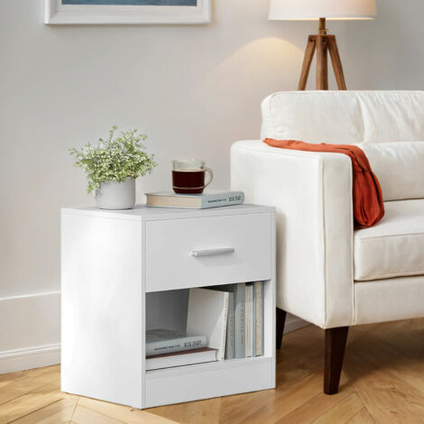 Table de Nuit, Lot de 2, Table d’Appoint, avec Tiroir, Poignée, Compartiment Ouvert, Table Basse, pour Chambre, Salon, Blanc