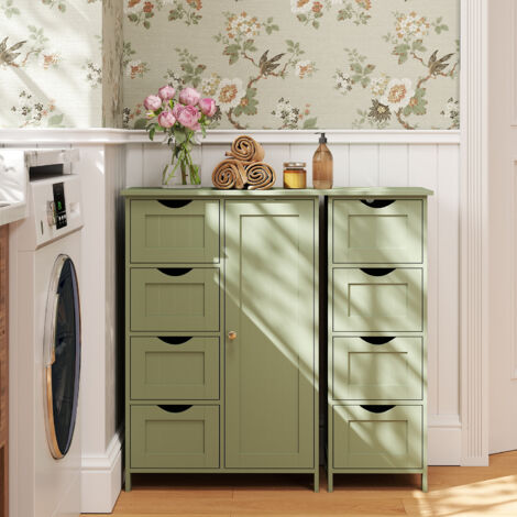 Vasagle – Meuble de rangement salle de bain 4 tiroirs – Placard avec porte – Étagère réglable 3 niveaux – Dimensions 30 x 55 x 82 cm – Vert laurier