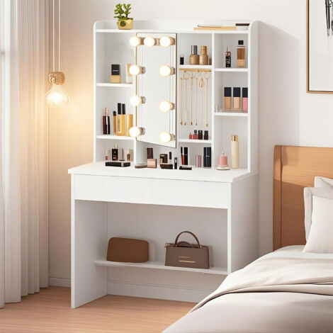 Coiffeuse avec 9 Lumières LED, 3 Tonalités et Luminosité Réglable, Moderne, avec Miroir, Étagères Réglables, 2 Tiroirs, Blanc Nuage