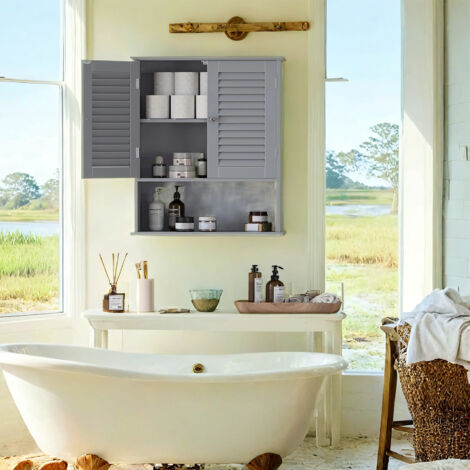 Meuble Mural, pour Salle de Bains, avec Étagère Réglable, Double Porte et Étagère Ouverte, 20 x 60 x 70 cm, Gris (1/5)