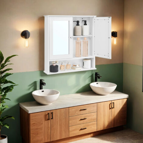 Armoire de Salle de Bain avec Miroir, Armoire Murale avec 2 Portes Miroir, Étagère Réglable, Compartiment Ouvert, Blanc (1/5)