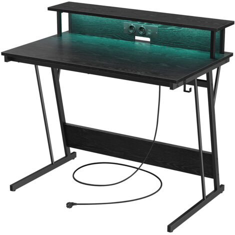 Vasagle – Bureau gamer avec LED et multiprise – Support écran ergonomique pour 2 ordinateurs – Dimensions 100,1 x 60,1 x 76,1 cm – Noir