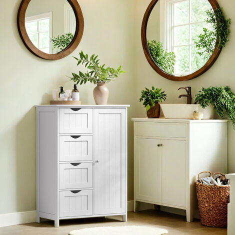 Vasagle – Meuble de rangement salle de bain 4 tiroirs – Placard avec porte – Étagère réglable – Dimensions 35 x 65 x 90 cm – Blanc MDF (1/5)