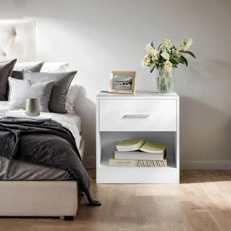 Table de chevet, Table d'Appoint, avec Tiroir, Poignée, Compartiment Ouvert, pour Chambre, Salon, Blanc Classique