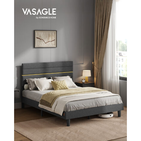 Lit Double, Cadre de Lit, Convient pour un Matelas de 140 x 200 cm, Tête de Lit Rembourrée Ajustable, en Métal, Bois Massif, Moderne, Gris Ardoise