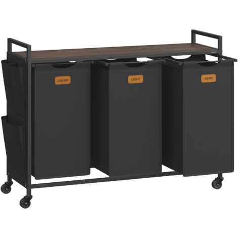 VASAGLE Panier à Linge, sur Roulettes, avec Étagère de Rangement, 3 Compartiments de Tri, 150 L, Noir et Marron