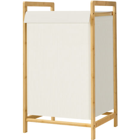 Panier à Linge avec Couvercle, 2 Compartiments, Cadre en Bambou, Sac à Linge Amovible, 100 L, Crème
