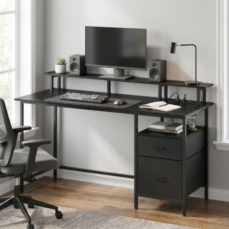 Vasagle – Bureau gamer noir 140 x 60 cm – Support d’écran ergonomique – Tiroirs en tissu pour rangement – Prises USB intégrées (1/5)