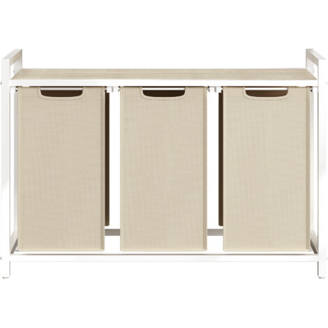 Panier à Linge 3 Compartiments, avec Étagère de Rangement, Sac Amovible, Cadre en Métal, 3 x 40 L, Beige