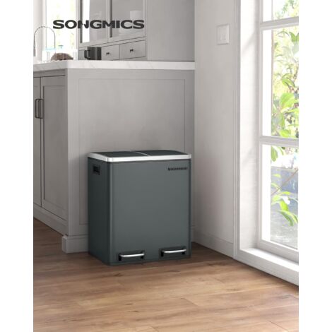 SONGMICS Poubelle Cuisine, 2 x 15L, Poubelle Tri, avec Pédale, 2 Compartiments, Seaux Intérieurs, Couvercles en Douceur, pour Petites Familles, En Acier, Gris