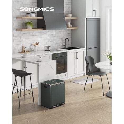 SONGMICS Poubelle Cuisine, 2 x 15L, Poubelle Tri, avec Pédale, 2 Compartiments, Seaux Intérieurs, Couvercles en Douceur, pour Petites Familles, En Acier, Gris