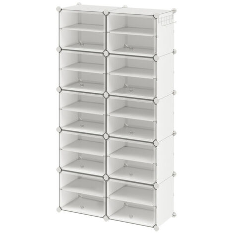 Étagère à Chaussures avec 10 Compartiments, Compartiment de 30 x 40 x 30 cm, Fin, avec Portes, Cadre en Acier, Plastique, Blanc (1/5)