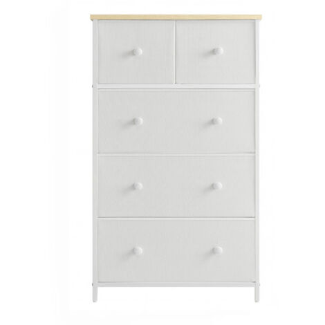 Songmics – Commode enfant 5 tiroirs – Acier, tissu – Dimensions 30 x 56 x 93 cm – Couleur blanche et chêne – Rangement pratique pour salon et entrée (1/5)