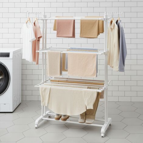 Étendoir à Linge à 4 Niveaux, Séchoir Pliable à Roulettes, 63,5 x 128 x 173 cm, Blanc