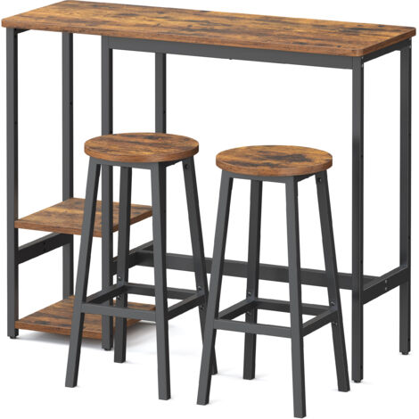 Ensemble Bistrot 3 Pièces, Table avec Étagères, Chaises de Cuisine, Structure en Acier, pour Salon, Marron et Noir