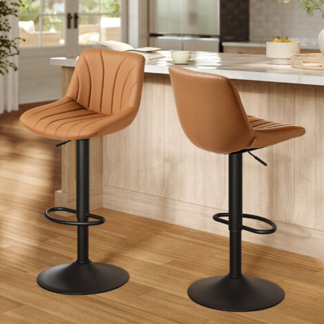 Chaises de Bar Réglables, Tabourets avec Dossier, Rotation 360°, PU, pour Cuisine, Salle à Manger, Lot de 2, Marron