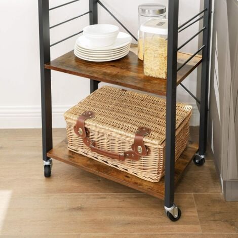 Étagère de Cuisine VASAGLE - Desserte - Chariot de Service à 3 Niveaux - Pour Four à Micro-Ondes - Mini Four - Grille-Pain - Cadre métallique - Avec 6 Crochets - Style Industriel - Marron