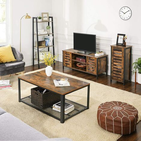vasagle meuble tv support television avec etageres et placards de rangement portes persiennes pour salon salle de jeu style industriel marron