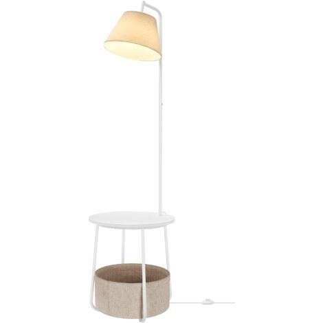 Lampe sur Pied 3-en-1, avec Table d’Appoint, Panier en Tissu, Lampadaire, Abat-Jour Orientable, Acier, Blanc