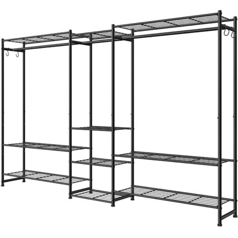 Portemanteau Métallique Ouvert, Armoire avec 3 Tringles et 10 Étagères, pour Chambre, Entrée, Noir