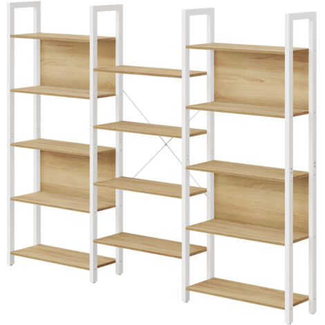 Étagère de Rangement Modulable, Bibliothèque Industrielle à 14 Niveaux, Métal, Bureau Salon, Blanc et Chêne
