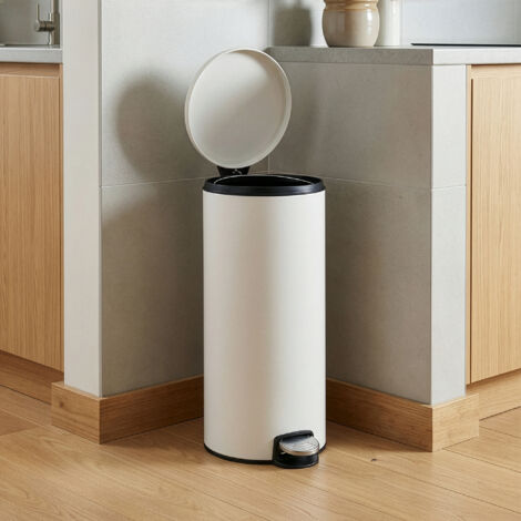 Poubelle à Pédale, Rond, Seau Intérieur Amovible, Fermeture en Douceur, 30 L, Blanc