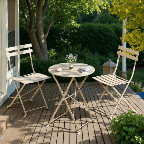 Ensemble Mobilier de Jardin Pliable, 3 Pièces, Acier Résistant, Table et Chaises, Terrasse, Balcon, Beige