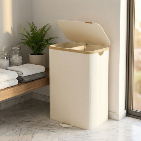Panier à Linge Sale 2 Compartiments, avec Sacs Amovibles, Cadre en Bambou, Buanderie, Chambre, 150 L, Crème