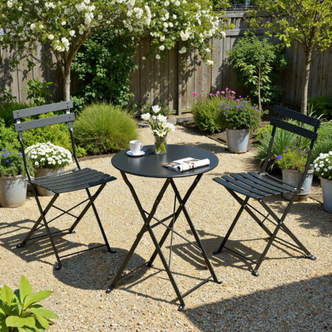 Ensemble Mobilier de Jardin Pliable, 3 Pièces, Acier Résistant, Table et Chaises, Terrasse, Balcon, Noir
