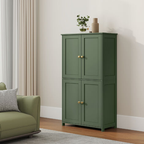 Armoire Haute de Rangement, Meuble de Cuisine avec 4 Portes, 2 Étagères Réglables, Style Shaker, Vert