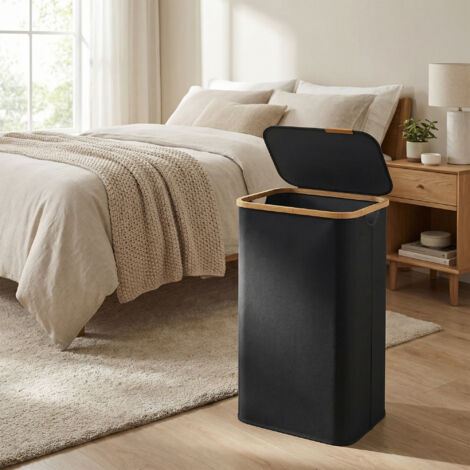 Panier à Linge Pliable en Tissu Oxford, Cadre en Bambou, pour Chambre, Buanderie, 100 L, Noir