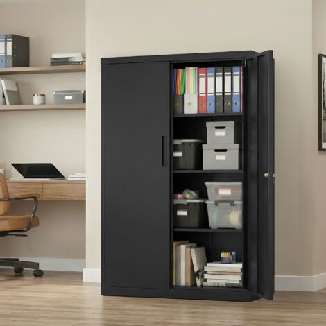 Armoire en Acier à 2 Portes, Verrouillable, Étagères Réglables, Meuble de Rangement pour Bureau, 80 x 40 x 140 cm, Noir