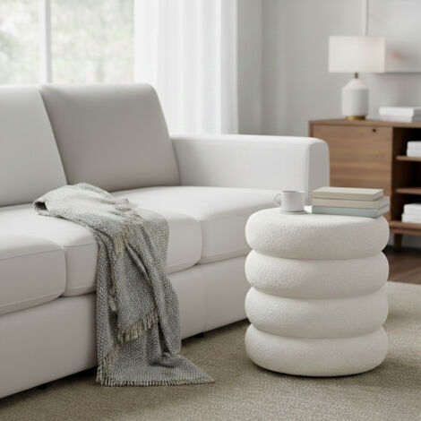 Tabouret de Coiffeuse Rond, Rembourré, avec Rangement, Couvercle Amovible, en Tissu Peluche Teddy, Blanc
