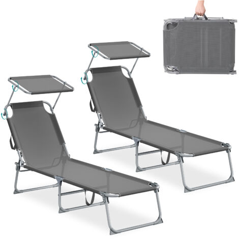 Transats Pliants Extérieur, Dossier et Pare-Soleil Réglables, Chaises Longues, pour Balcon, Terrasse, Lot de 2, Gris